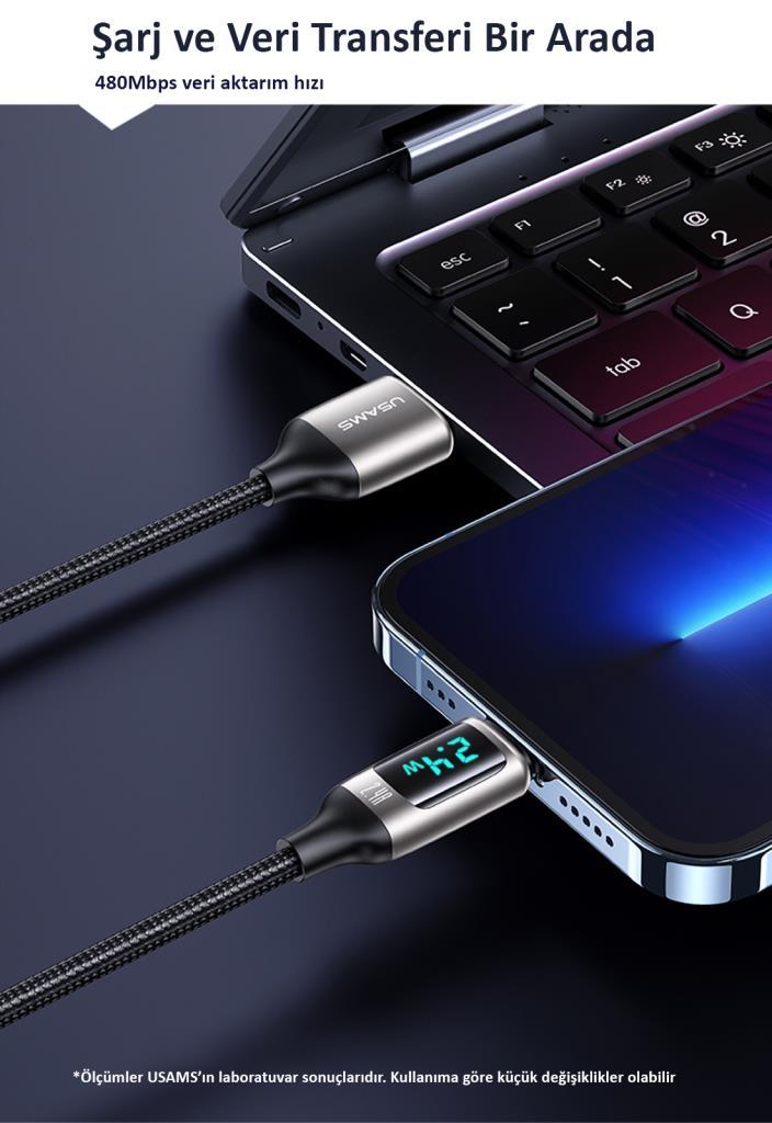 Usams US-SJ543 Dijital Göstergeli,Çipli,Örgülü, 1.2m 2.4A Lightning iPhone Şarj ve Data Kablosu