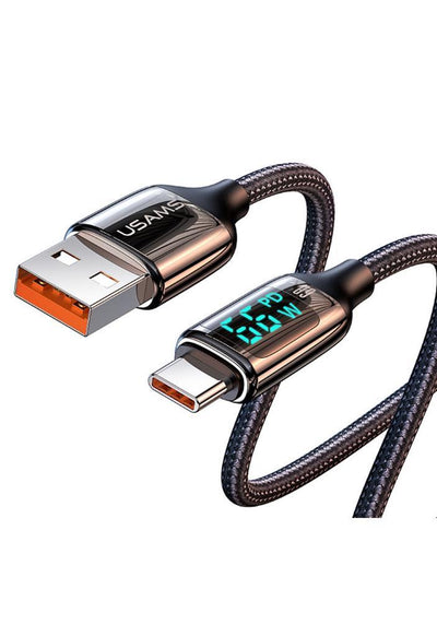 Usams US-SJ544 Dijital Göstergeli,Çipli,Örgülü,1.2m PD 66W USB to Type-C Hızlı Şarj ve Data Kablosu