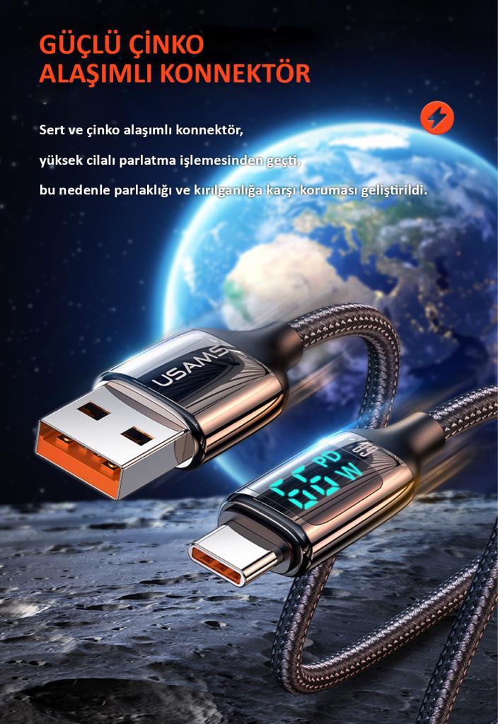 Usams US-SJ544 Dijital Göstergeli,Çipli,Örgülü,1.2m PD 66W USB to Type-C Hızlı Şarj ve Data Kablosu