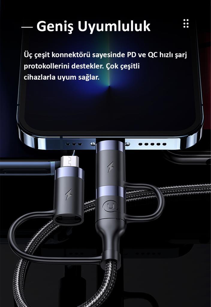 Usams US-SJ547 USB+Type-C To Type-C+Lightning+MicroUSB,1.2m 6 in 1 PD Hızlı Şarj ve Data Kablosu