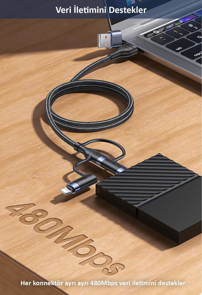 Usams US-SJ547 USB+Type-C To Type-C+Lightning+MicroUSB,1.2m 6 in 1 PD Hızlı Şarj ve Data Kablosu