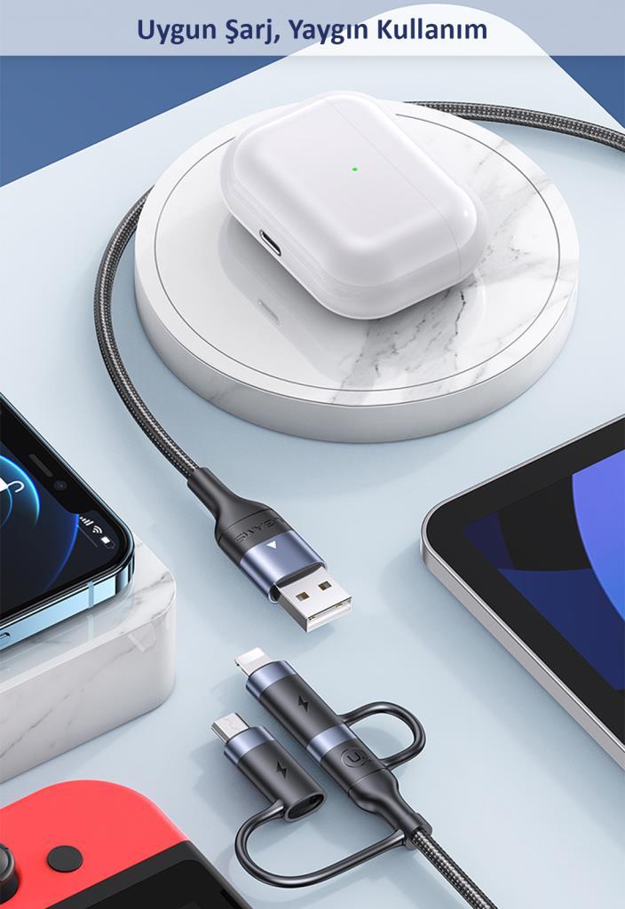 Usams US-SJ547 USB+Type-C To Type-C+Lightning+MicroUSB,1.2m 6 in 1 PD Hızlı Şarj ve Data Kablosu