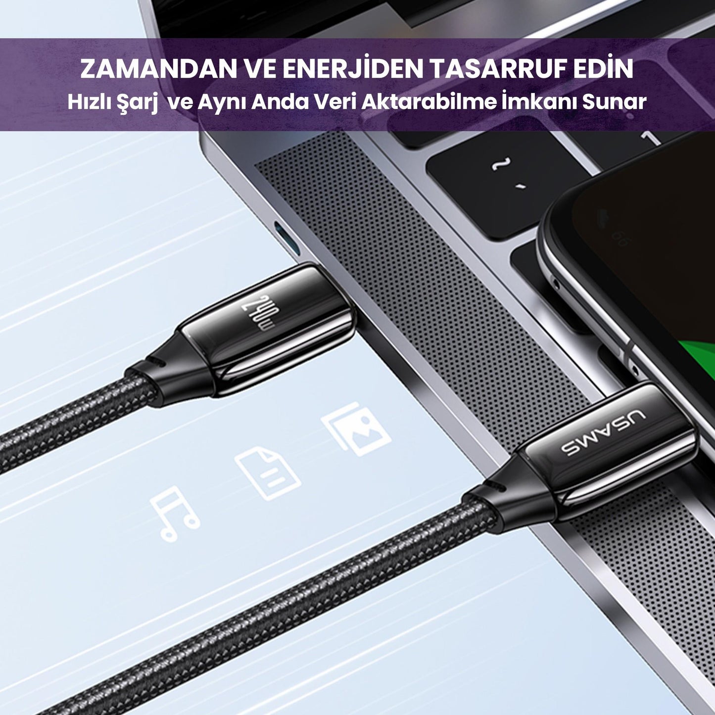 Usams US-SJ581 PD3.1 Type-C To Type-C Çinko Alaşım 240W Hızlı Şarj ve Data Kablosu 2m