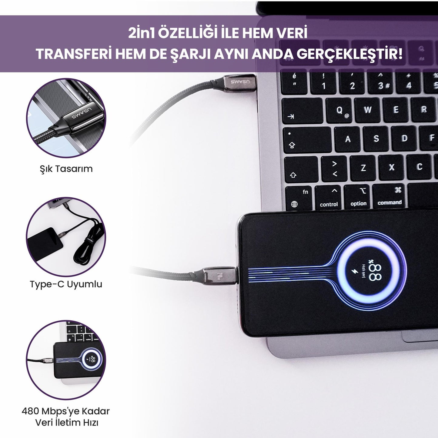 Usams US-SJ581 PD3.1 Type-C To Type-C Çinko Alaşım 240W Hızlı Şarj ve Data Kablosu 2m