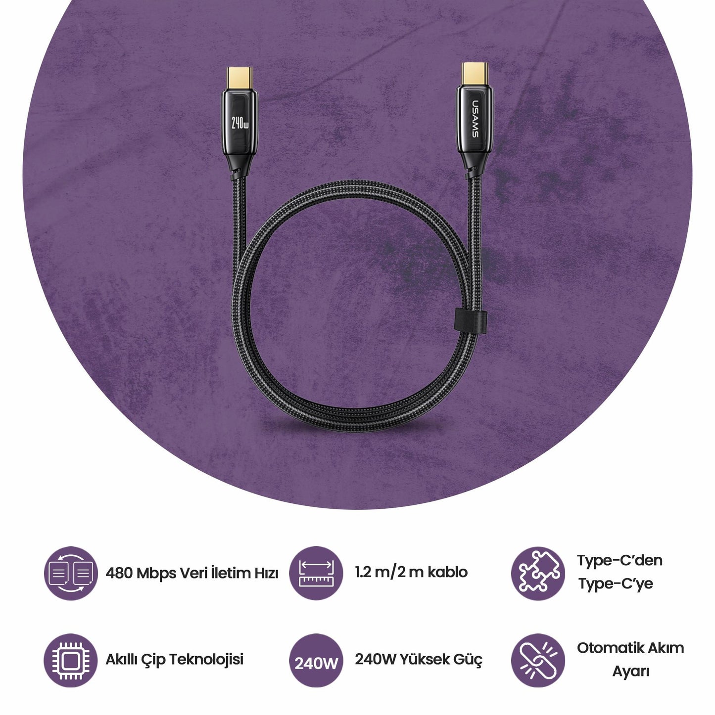 Usams US-SJ581 PD3.1 Type-C To Type-C Çinko Alaşım 240W Hızlı Şarj ve Data Kablosu 2m