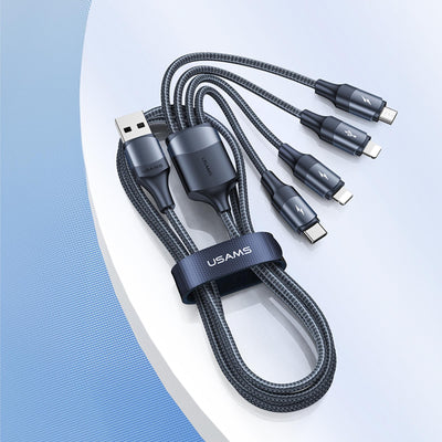 US-SJ516 4in1 Çok Fonksiyonlu Alüminyum Alaşımlı Şarj Veri Kablosu, 1.2m 3A Hızlı Şarj ve Data Kablosu-Siyah