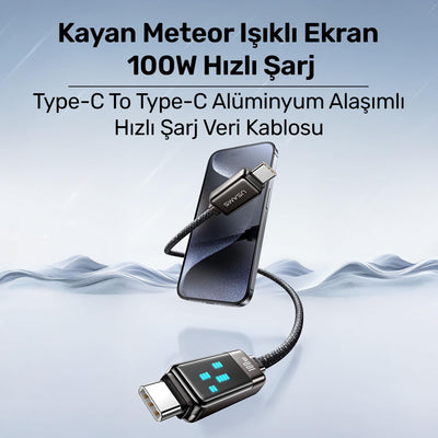 Usams US-SJ744 Type-C To Type-C 100W Meteor Efekt Ekranlı 1.2m Hızlı Şarj ve Data Kablosu Titanium