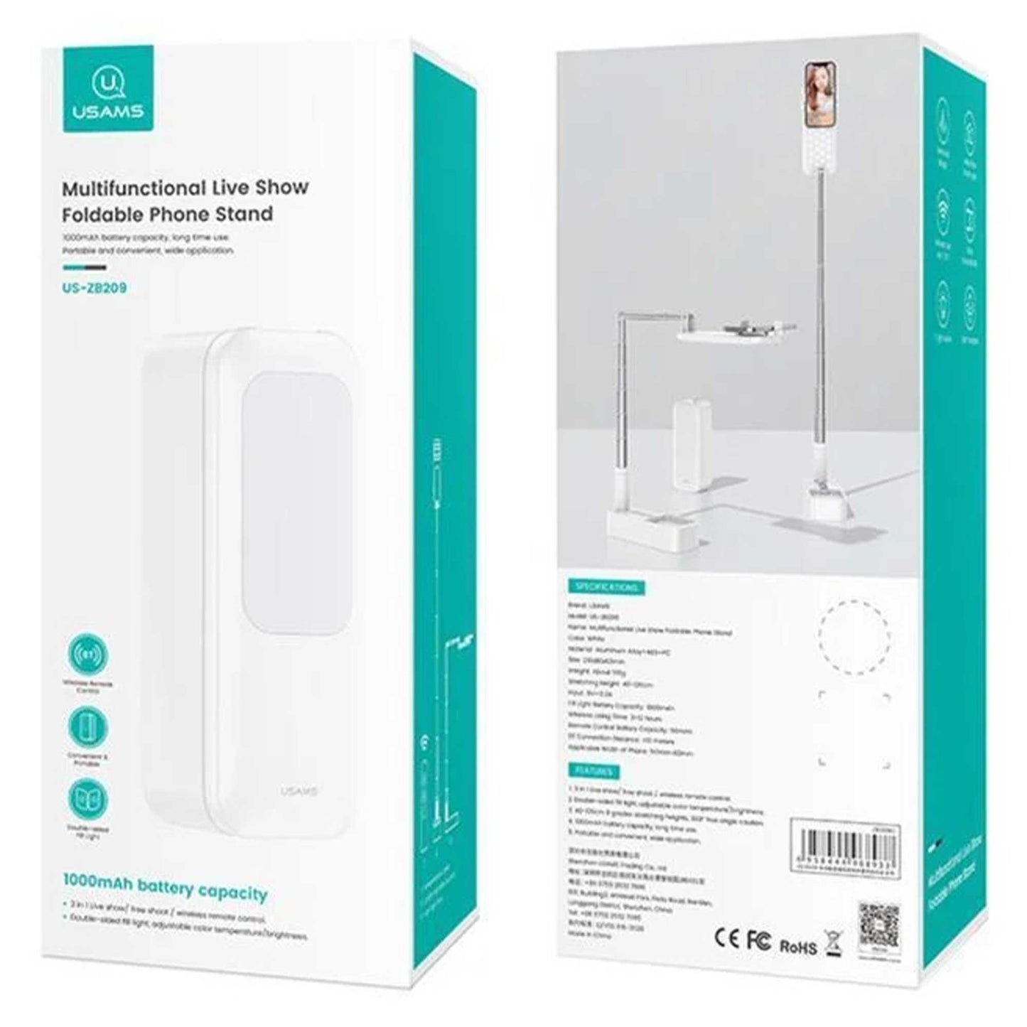 Usams US-ZB209 Online Ders ve Yayın için Ledli,Monopodlu,Kumandalı,Şarjlı Taşınabilir Telefon Standı