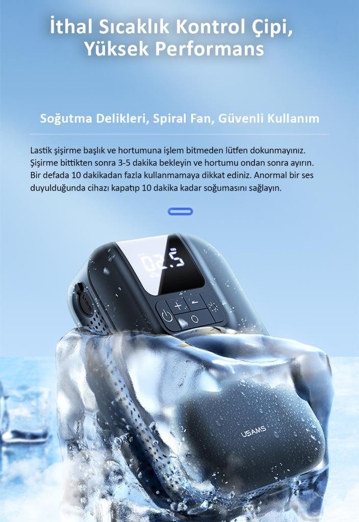 Usams US-ZB215 350PSI 5000mah Şarjlı Çok Amaçlı Taşınabilir Hava Pompası