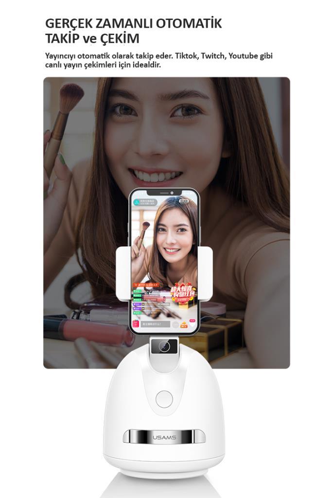 Usams US-ZB239 Smart 360° Yüz ve Vucut Takipli Şarjlı Yapay Zeka Destekli Canlı Yayın Telefon Gimbal