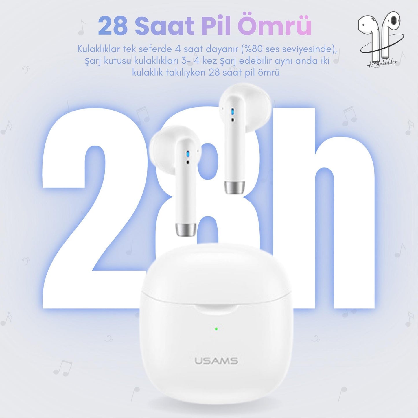 Usams USAMS-IA04 IOS/Android Uyumlu BT5.0 TWS Bluetooth Kulaklık-Beyaz