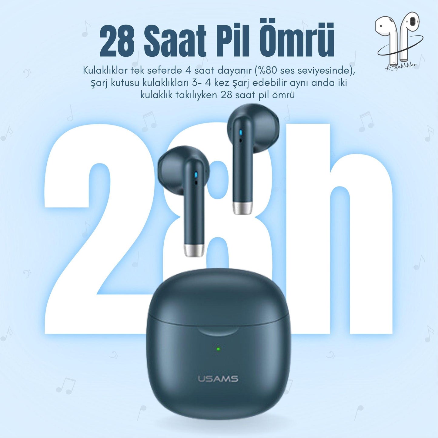 Usams USAMS-IA04 IOS/Android Uyumlu BT5.0 TWS Bluetooth Kulaklık-Mavi