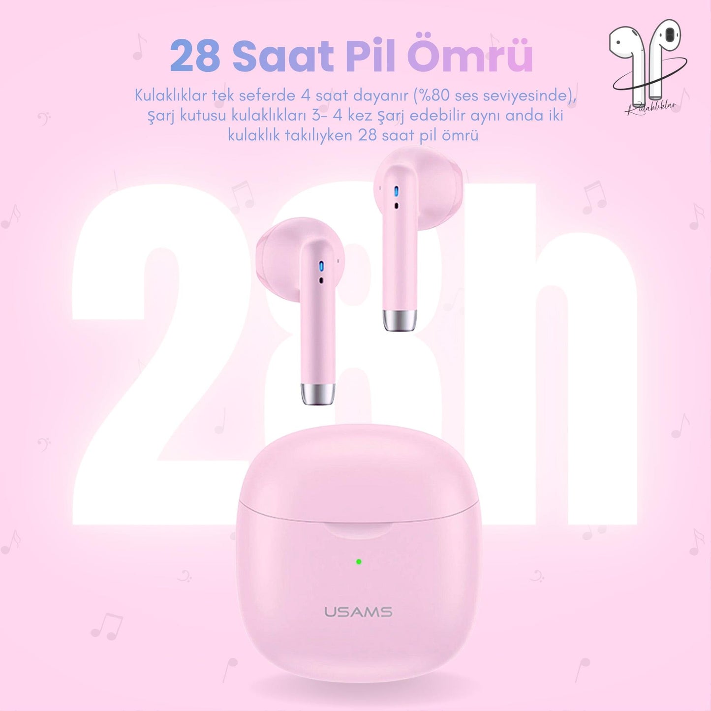 Usams USAMS-IA04 IOS/Android Uyumlu BT5.0 TWS Bluetooth Kulaklık-Pembe