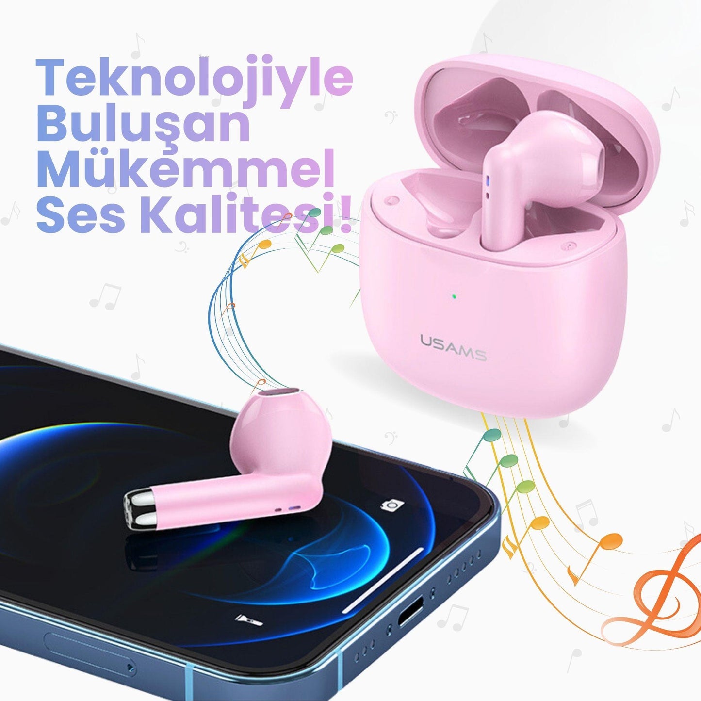 Usams USAMS-IA04 IOS/Android Uyumlu BT5.0 TWS Bluetooth Kulaklık-Pembe