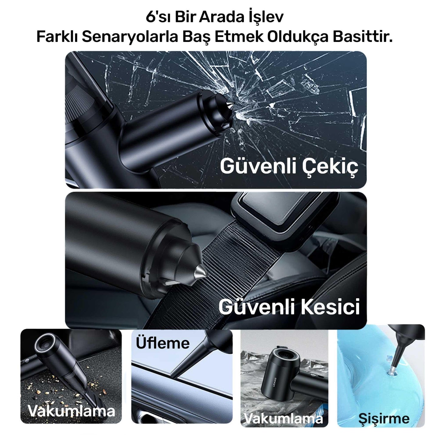 Usams ZB291 6in1 Üfleme Şişirme Güvenlik Kırıcı/Kesici Özellikli Taşınablir Araç ve El Süpürgesi