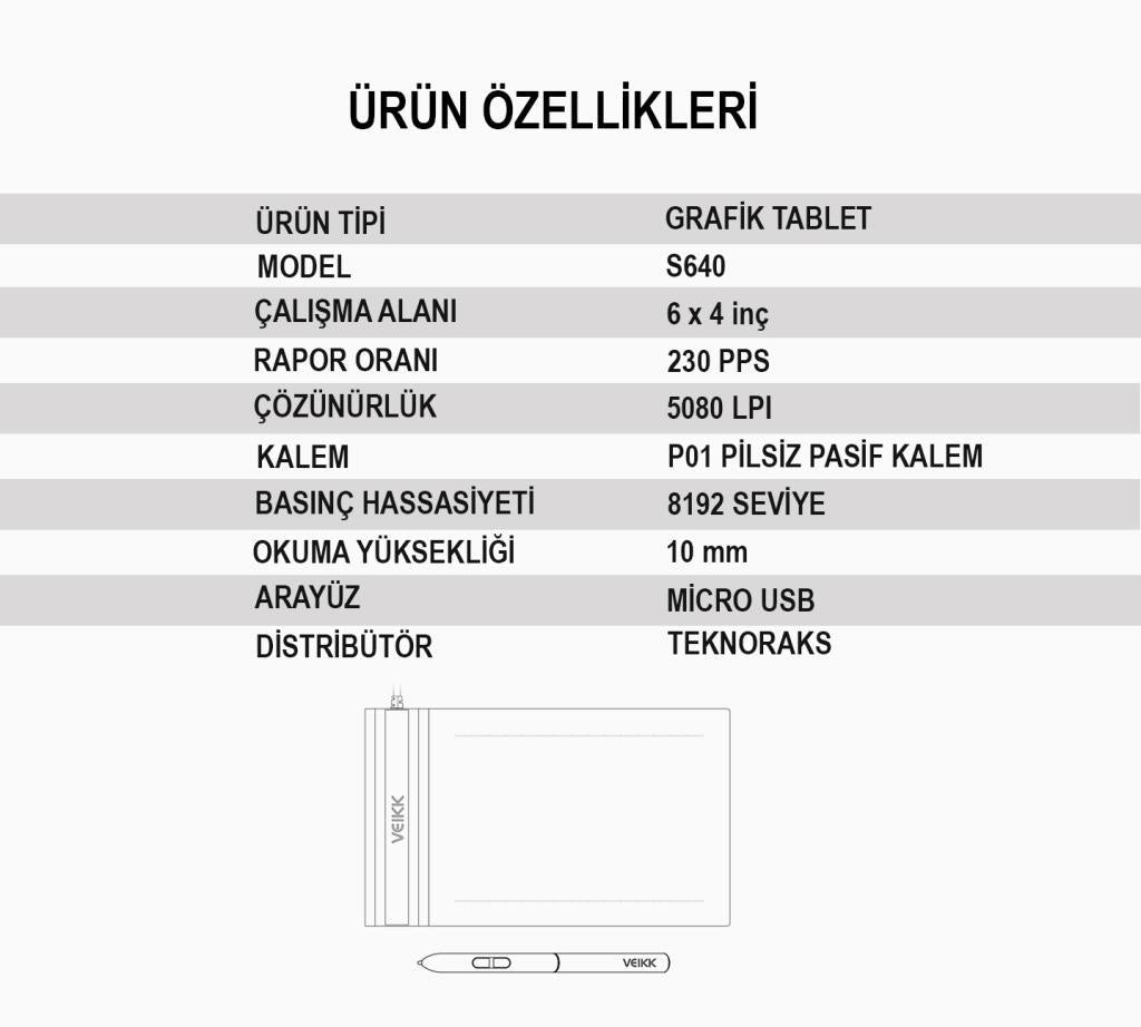Veikk S640 6 x 4" 8192 Levels 5080 LPI Grafik Tablet + Kalem