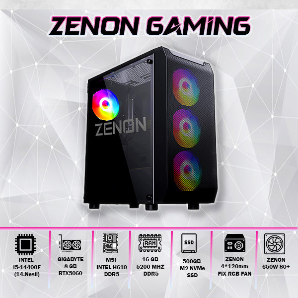 ZENON Gaming ZG-160 i5-14400F 16GB 500GB SSD 8gb RTX5060 DOS Masaüstü Oyun Bilgisayarı (3 Yıl Garanti)