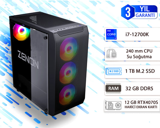 ZENON GAMING PRO ZG-137 i7-12700K 32GB 1TB SSD 12GB RTX4070S DOS Masaüstü PC (3 Yıl Garanti) Wifi + BT