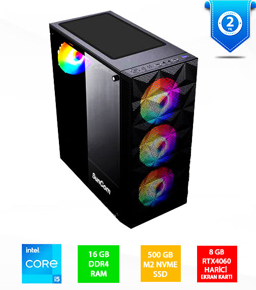 SUNCOM Gaming SG1-141 i5-12400F 16GB 500GB SSD 8gb RTX4060 DOS Masaüstü PC