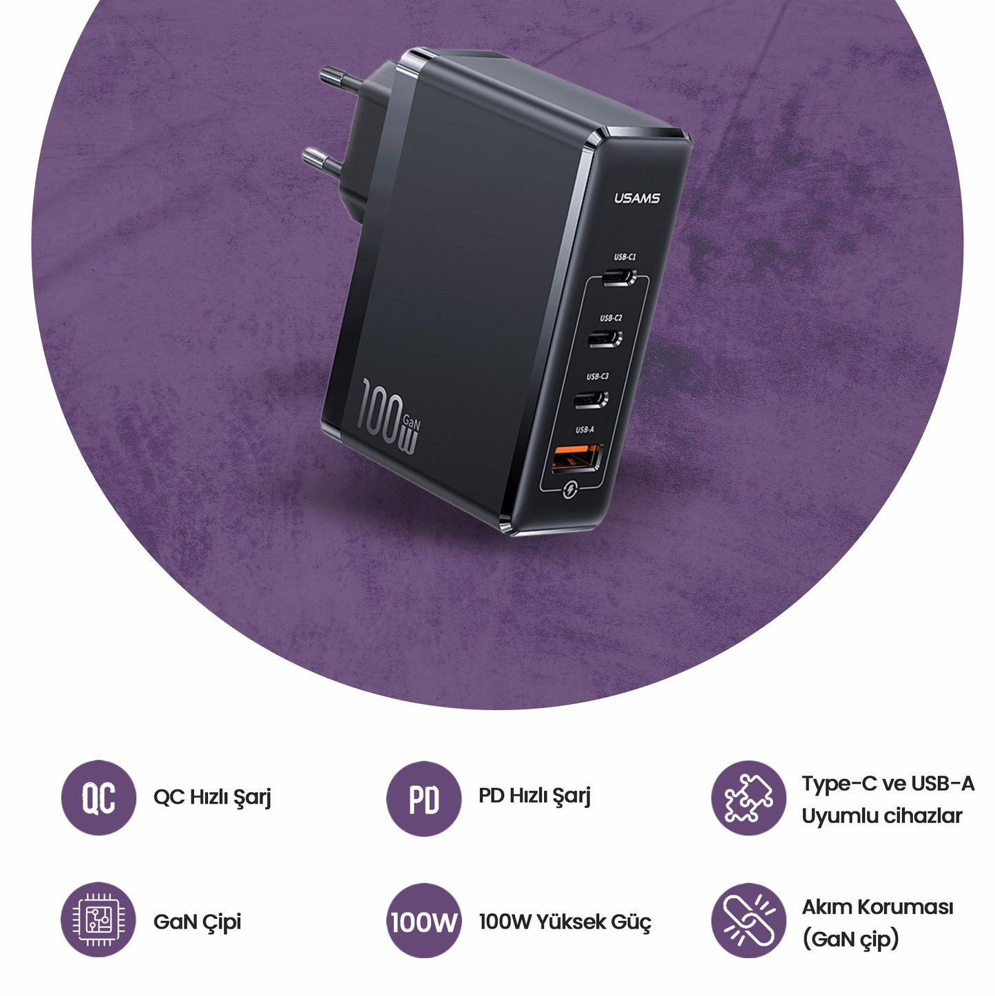 Usams US-CC163 T50 100W QC+PD 4 Port (3Type-C+1USB) GaN Hızlı Şarj Başlığı-Siyah