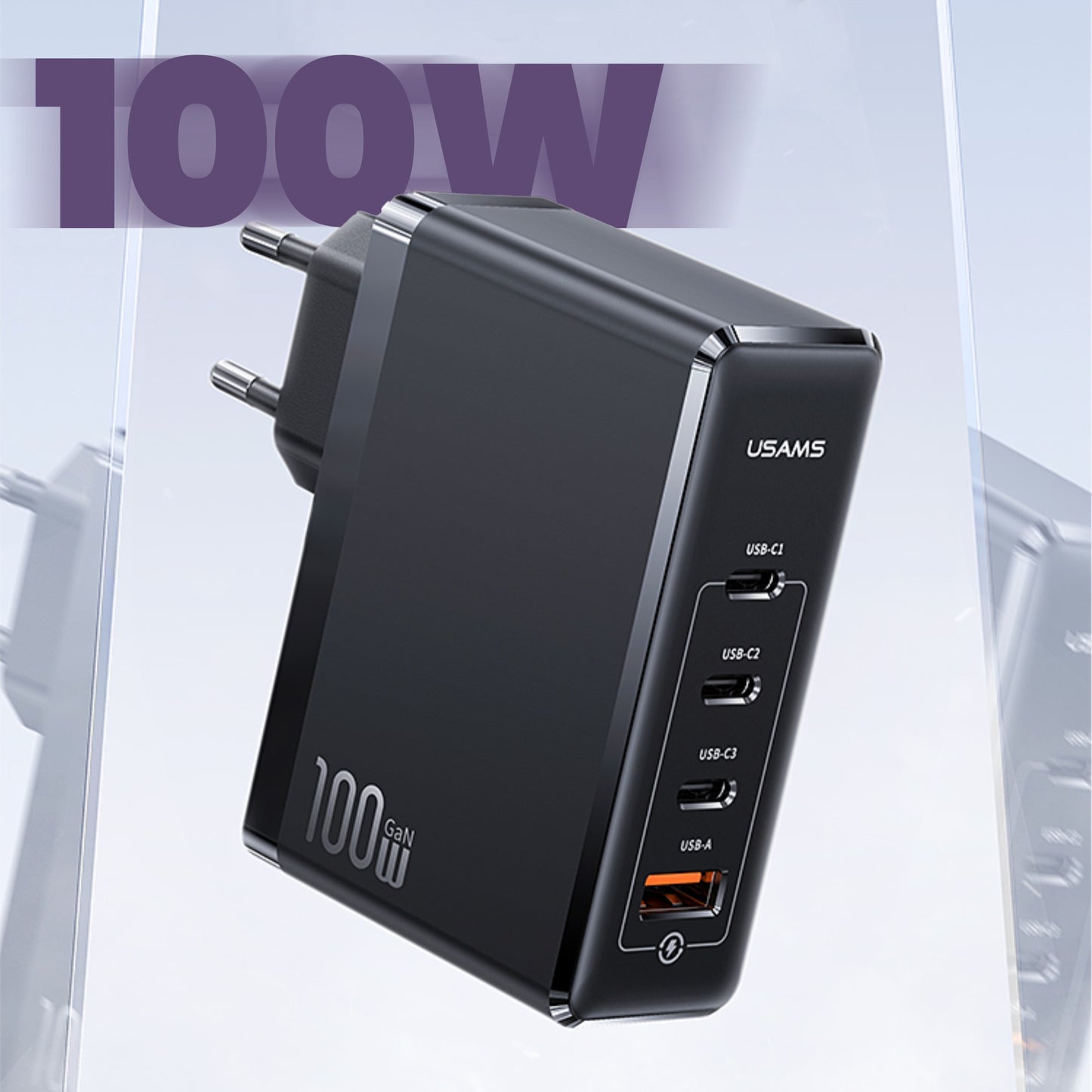 Usams US-CC163 T50 100W QC+PD 4 Port (3Type-C+1USB) GaN Hızlı Şarj Başlığı-Siyah
