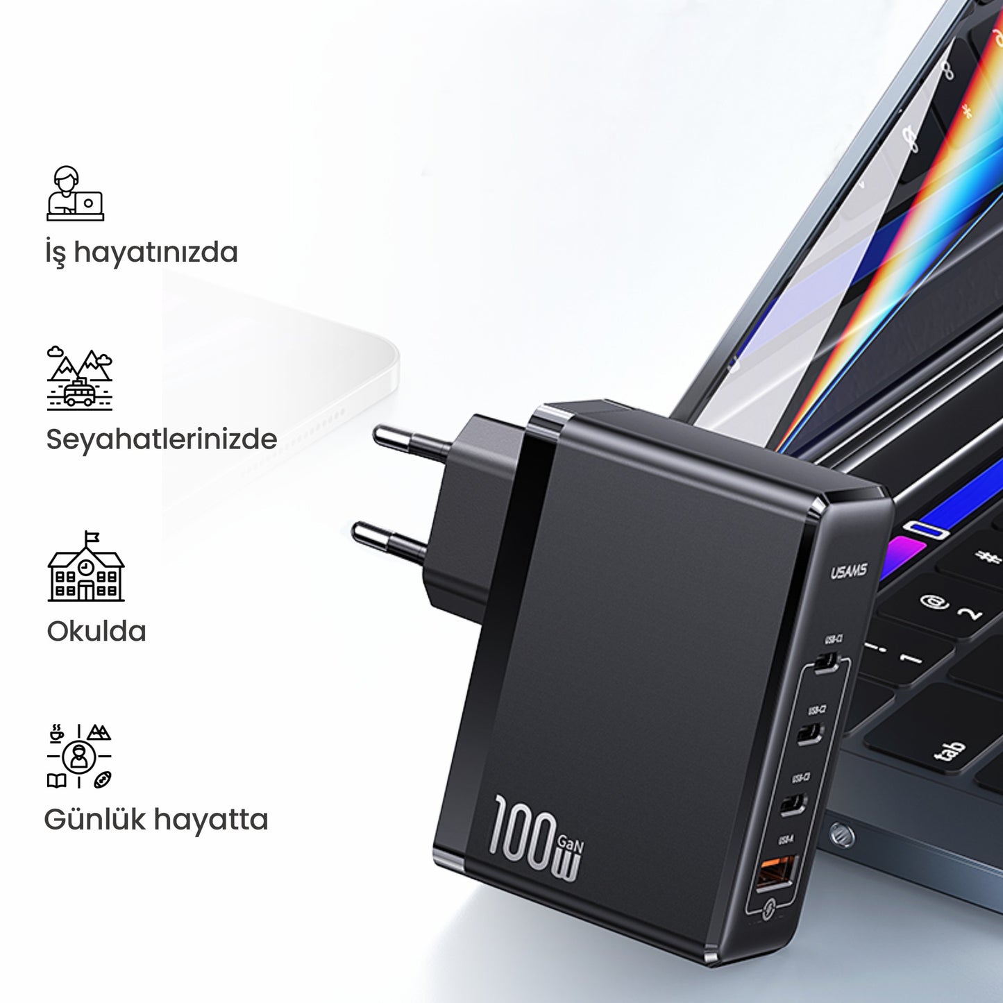 Usams US-CC163 T50 100W QC+PD 4 Port (3Type-C+1USB) GaN Hızlı Şarj Başlığı-Siyah