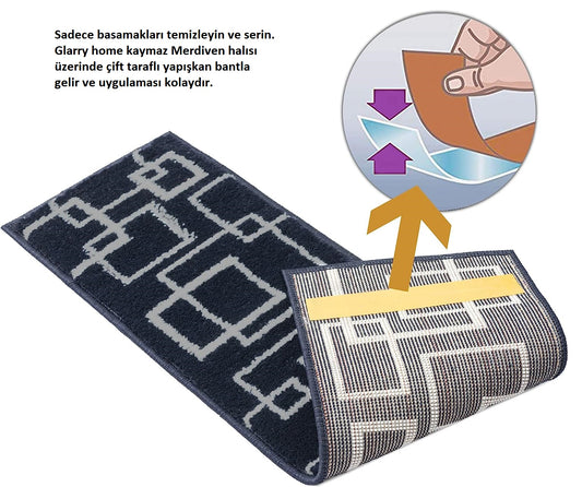 Glary Home GH40A-GRYB Kare Desenli Kaydırmaz Tabanlı Merdiven Halısı - Gri/Siyah