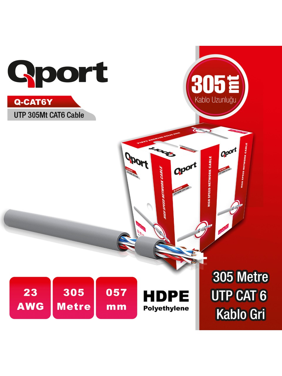 Qport Q-cat6y 305m Utp 0,57mm Cat6 23 Awg Gri Kablo