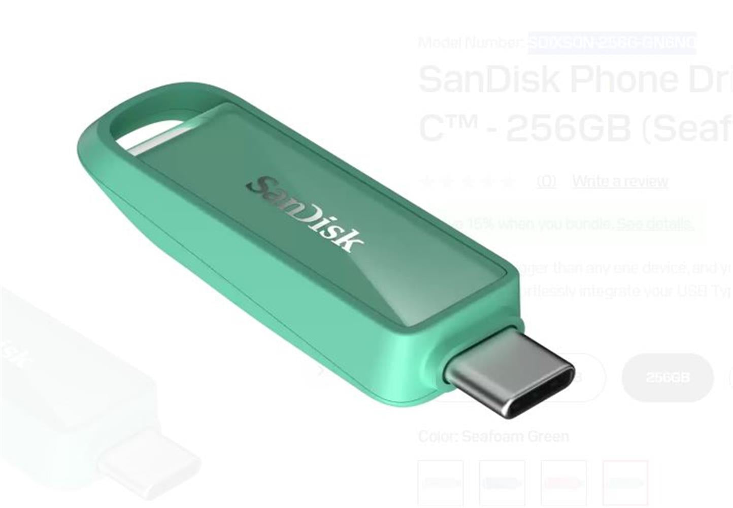 Sandisk SDIXS0N-256G-GN6NQ 256GB Phone Drive with USB-C-128GB (Seafoam Green) Flash Bellek
