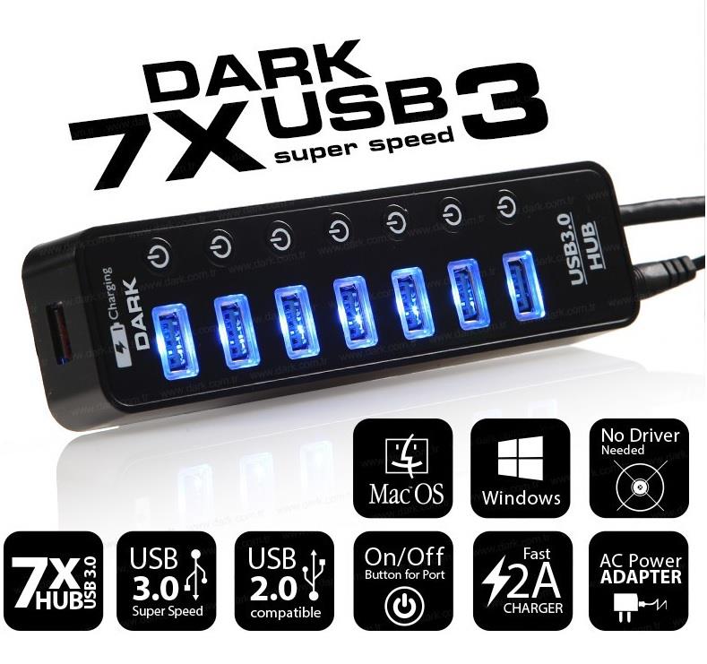 DARK DK-AC-USB371 7+1 Port Adaptörlü USB 3.0 USB Çoklayıcı