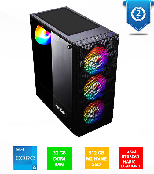 SUNCOM Gaming SG1-115 i5-12400F 32GB 512GB SSD 12GB RTX3060 DOS Masaüstü PC