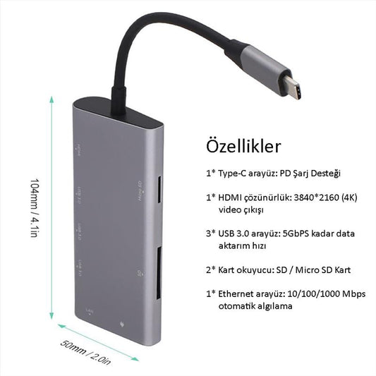 CODEGEN CDG-CNV40 USB 3.1 Type-C - USB 3.0 + RJ45 + SD/Micro Sd Kart