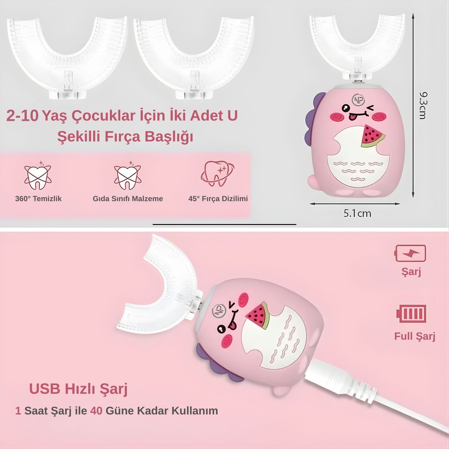 NPO 208 Şarjlı Ultrasonik 3 Modlu U Dizyan Çocuk Diş Fırçası