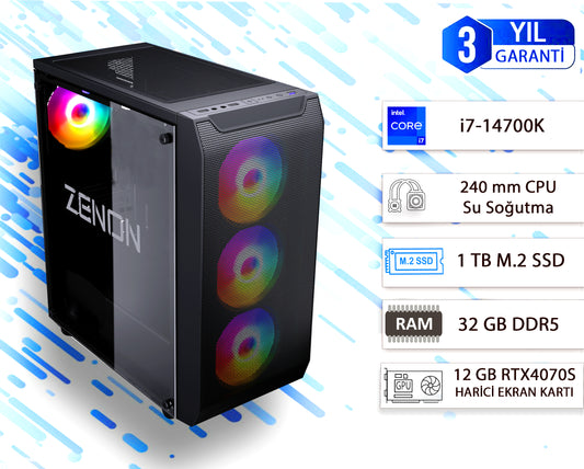 ZENON GAMING PRO ZG-139 i7-14700K 32GB 1TB SSD 12GB RTX4070S DOS Masaüstü PC (3 Yıl Garanti) Wifi + BT