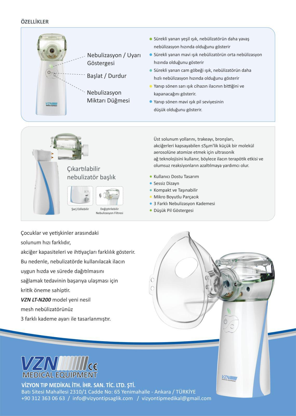 VZN LTN200 Yeni Nesil Kademeli Ultra Sessiz Şarjlı Mesh Nebulizatör