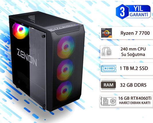 ZENON GAMING PRO ZG-133 Ryzen 7 7700 32GB 1TB SSD 16GB RTX4060Ti DOS Masaüstü PC (3 Yıl Garanti) Wifi + BT