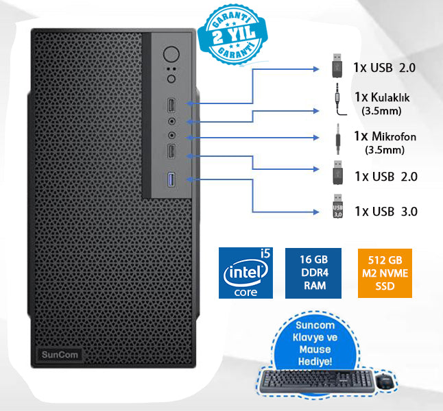 SUNCOM Force SC3-146 i5-12400 16GB 512GB SSD O/B DOS Masaüstü PC Wi-Fi