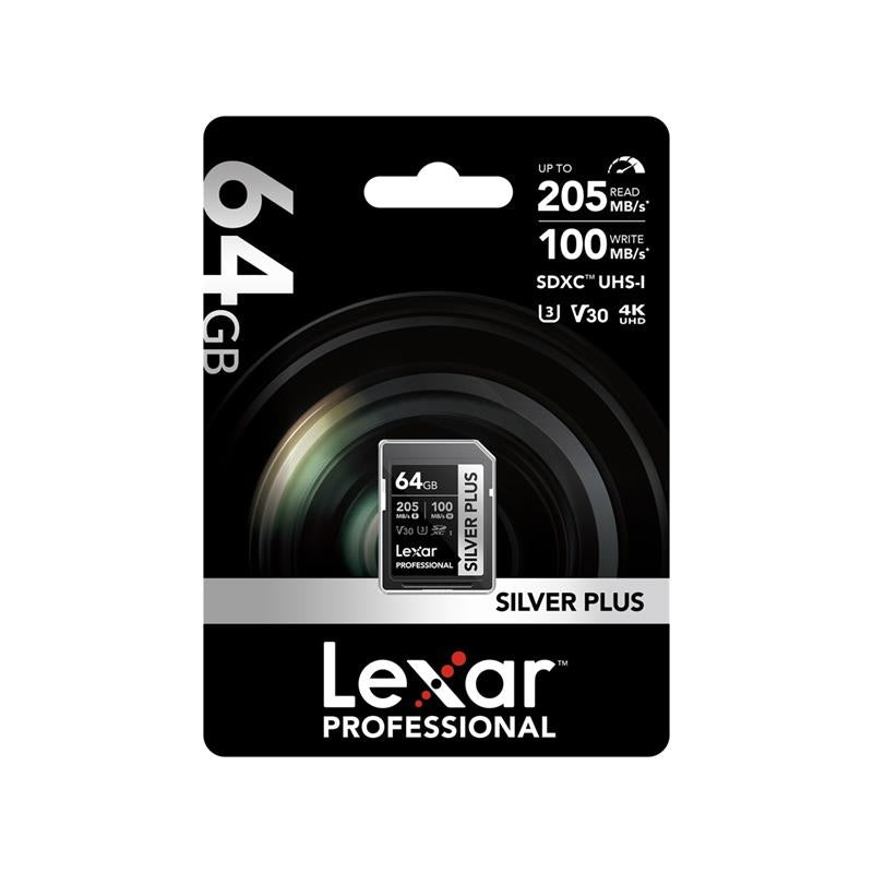 64gb Lexar Lsdsipl064g-bnnng Professional Silver Plus Sdxc Uhs-i Cards Up To 205mb/s Read 100mb/s Wr