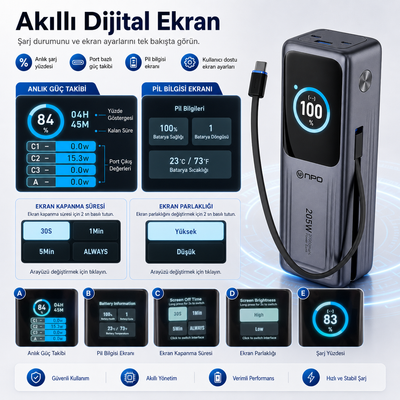 NPO WP001A 2xUSB-C,1xUSB-C Kablolu Led Ekranlı 205W 27.000mAh PD GaN3 Smart Powerbank