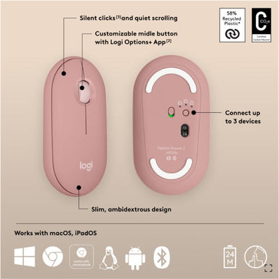 Logitech Pebble 2 M350s Kablosuz Bluetooth Sessiz Optik Mouse Pembe 910-007014