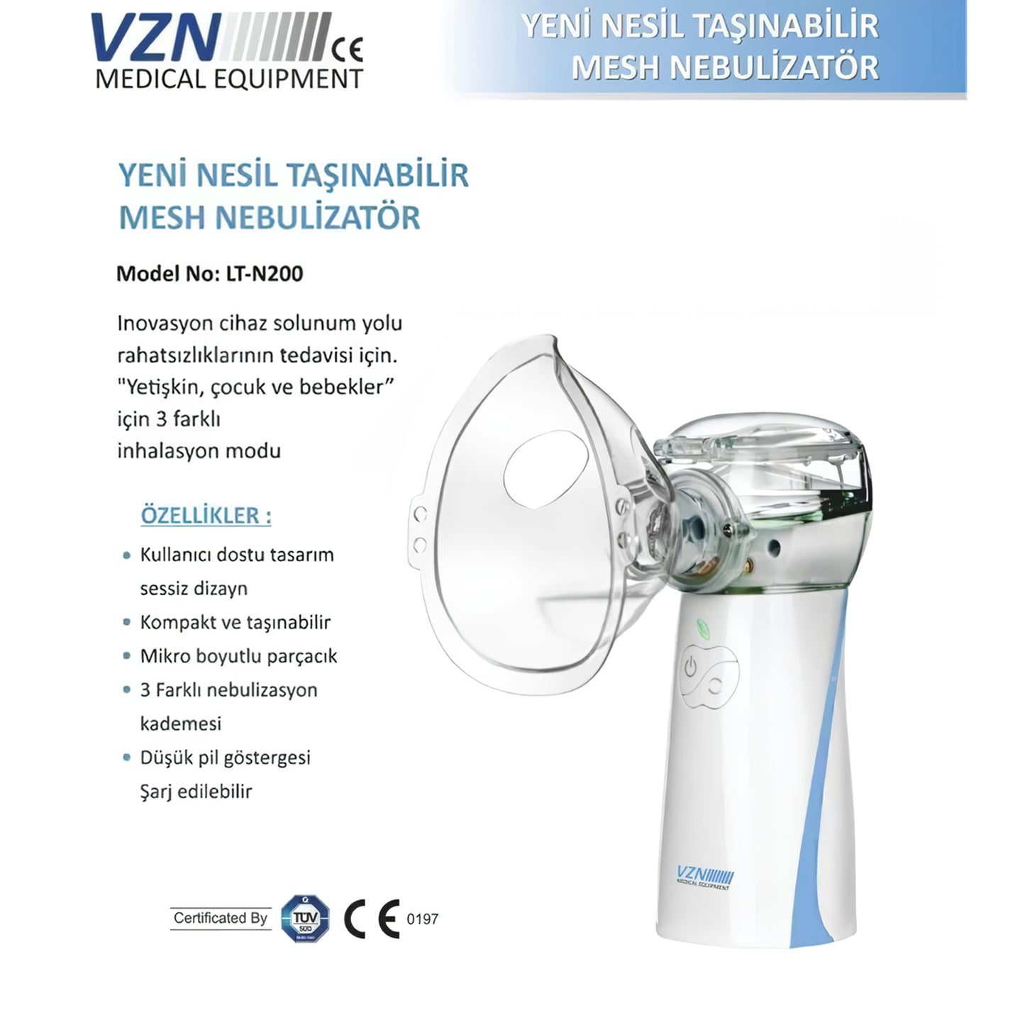 VZN LTN200 Yeni Nesil Kademeli Ultra Sessiz Şarjlı Mesh Nebulizatör