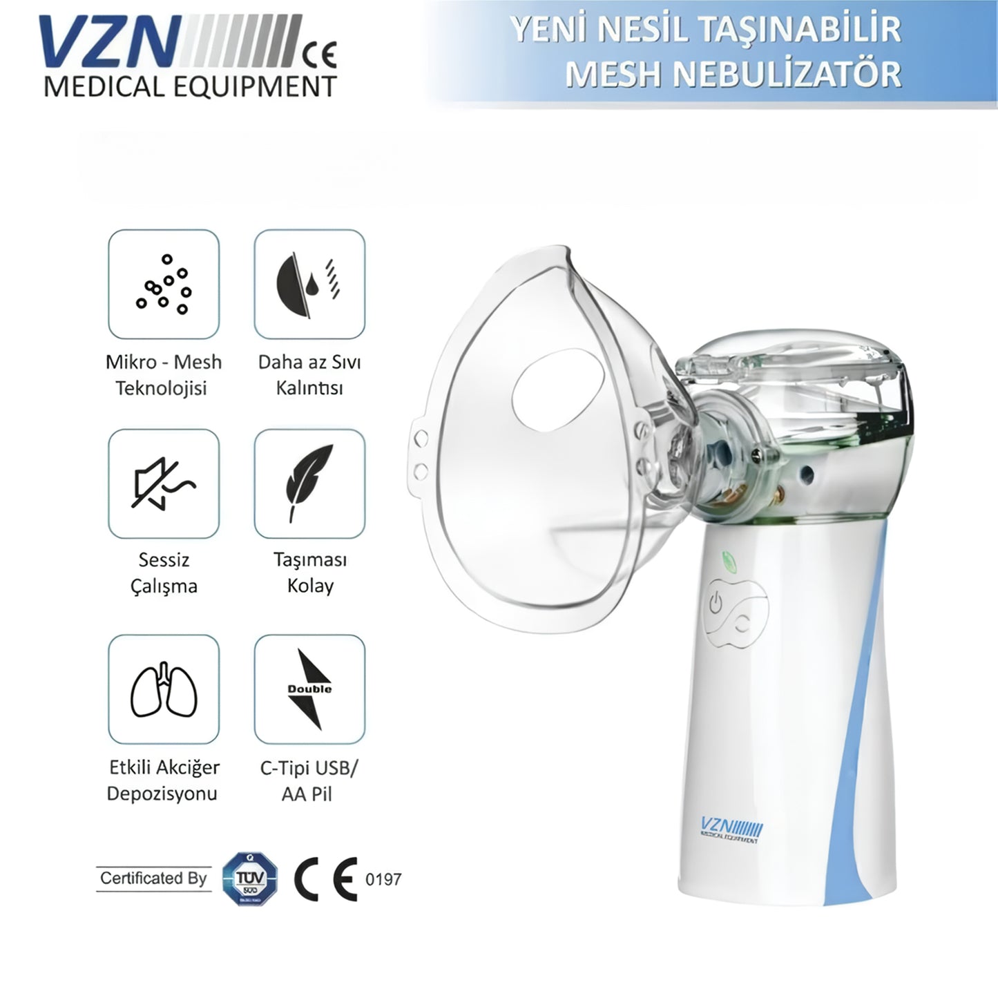 VZN LTN200 Yeni Nesil Kademeli Ultra Sessiz Şarjlı Mesh Nebulizatör