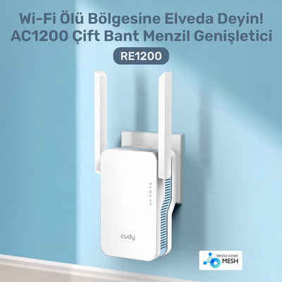 Cudy RE1200 5GHz 867Mbps, 2.4GHz 300Mbps, Wi-Fi Mesh Menzil Genişletici Repeater(AC1200 Serisi)