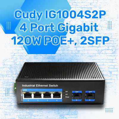 Cudy IG1004S2P 4Port Gigabit 120W PoE+,2SFP, 2km Çoklu,80km Tekli Mod IP40 Metal Endüstriyel Switch