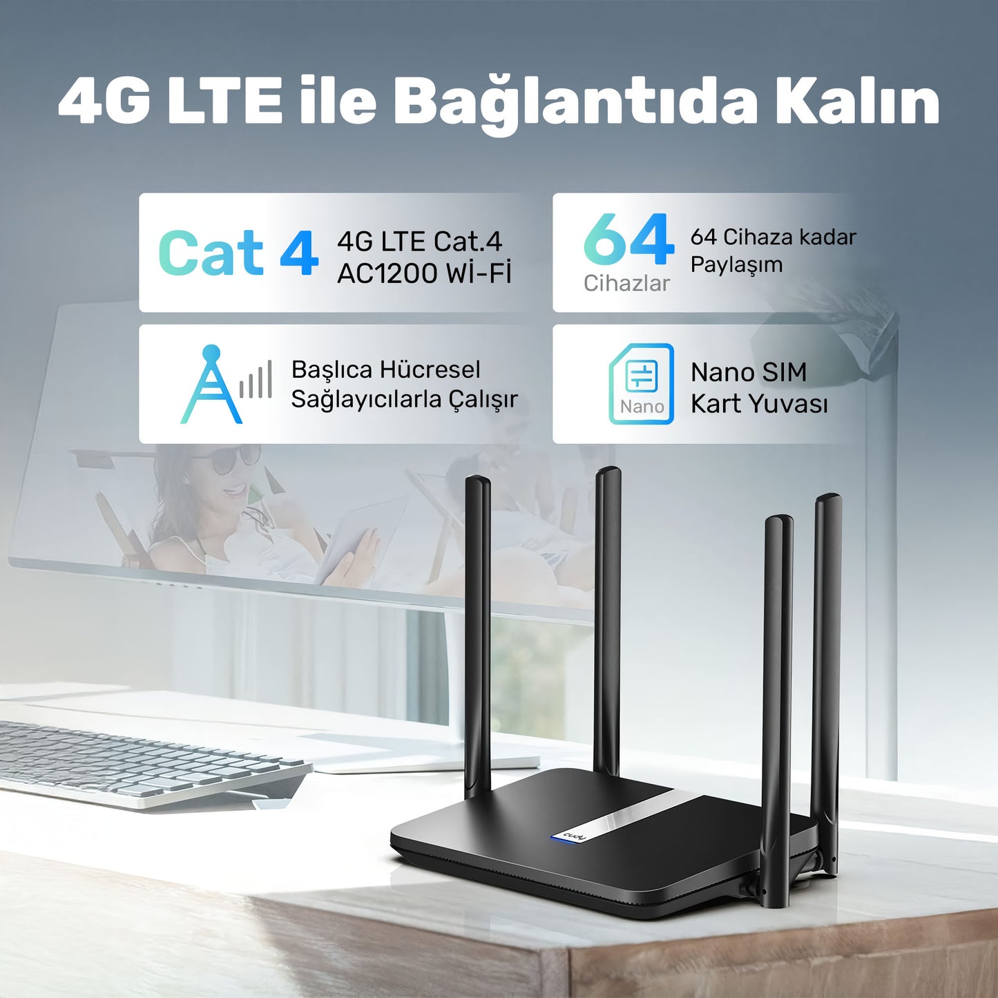Cudy LT500 2,4GHz 300Mbps, 5GHz 867Mbps, 4 Port Wi-Fi Mesh 4G LTE DDNS Router (AC1200 Serisi)