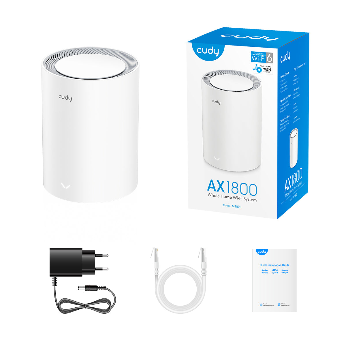 Cudy M1800 5GHz 1201Mbps, 2.4Ghz 574Mbps 2 Hızlı Ethernet Port,4 Dahili Anten, Wi-Fi 6 Mesh Router