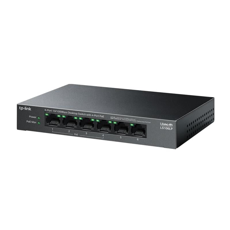 Tp-link Ls106lp 4 Port 10/100 + 2 Port Rj45 Uplink 41w 250 Metre Poe Mesafe Metal Kasa Switch