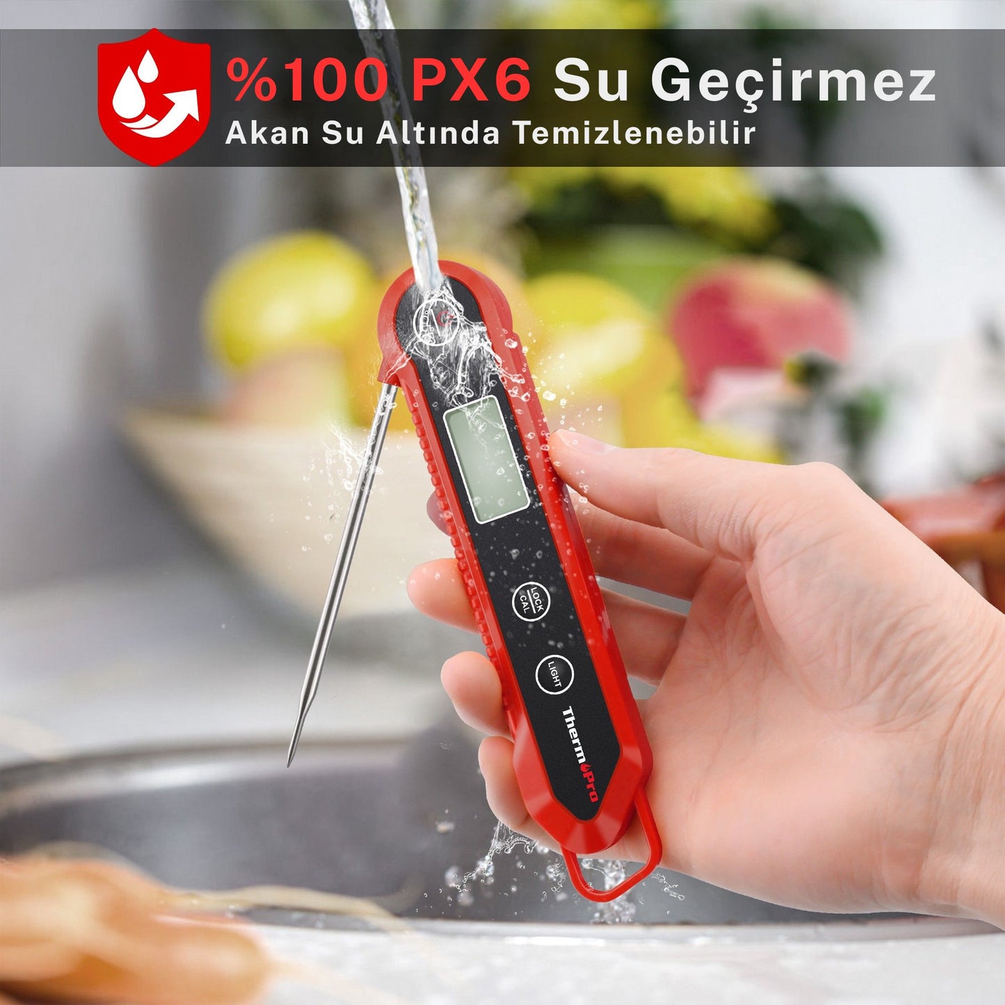 Thermopro TP-03H Su Geçirmez Katlanabilir Profesyonel Gıda Pişirme Termometresi-Kırmızı