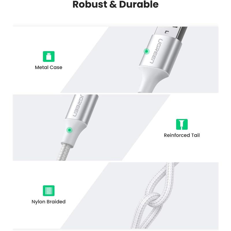 Ugreen Type-c To Usb-a 3a Qc Orgulu Hizli Sarj Kablosu 2 Mt Gumus Beyazi 60133