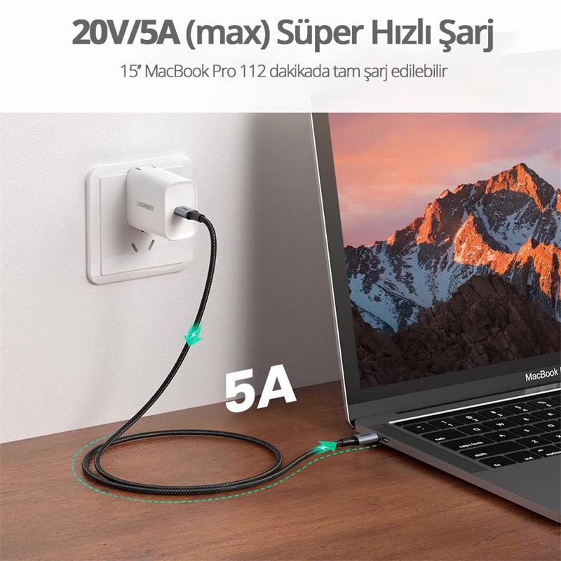 Ugreen Type-c 100w 5a Qc Pd Orgulu Hizli Sarj Kablosu 1 Mt Siyah 70427